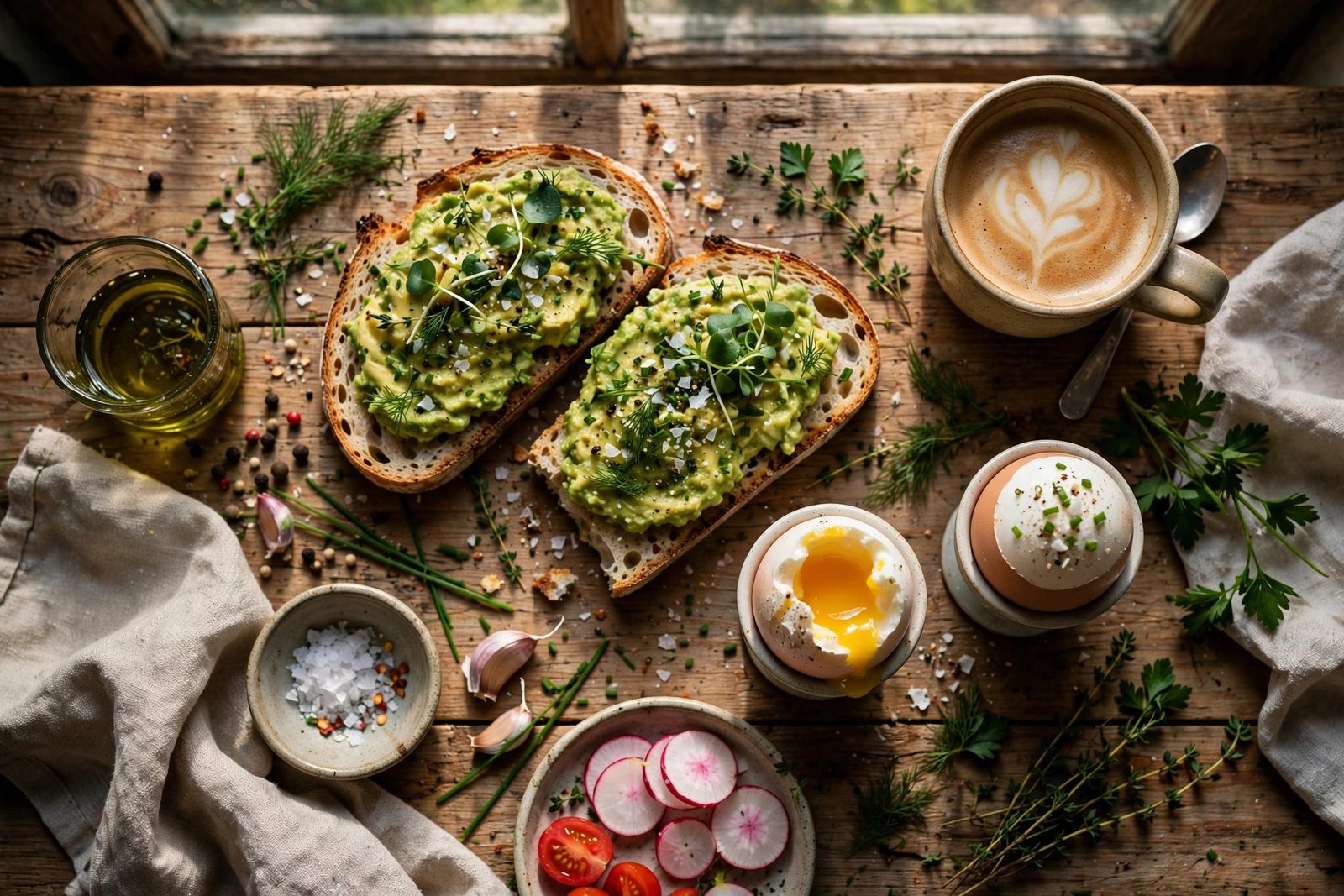 Overhead flat lay of a rustic breakfast table with toast, eggs and coffee